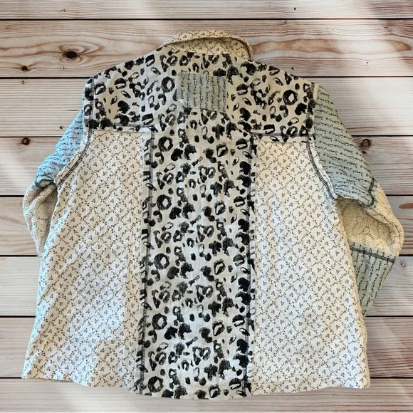 POL Patchwork Lace Leopard Floral Button up Jacket Shacket Cream and Black Small - Picture 2 of 9